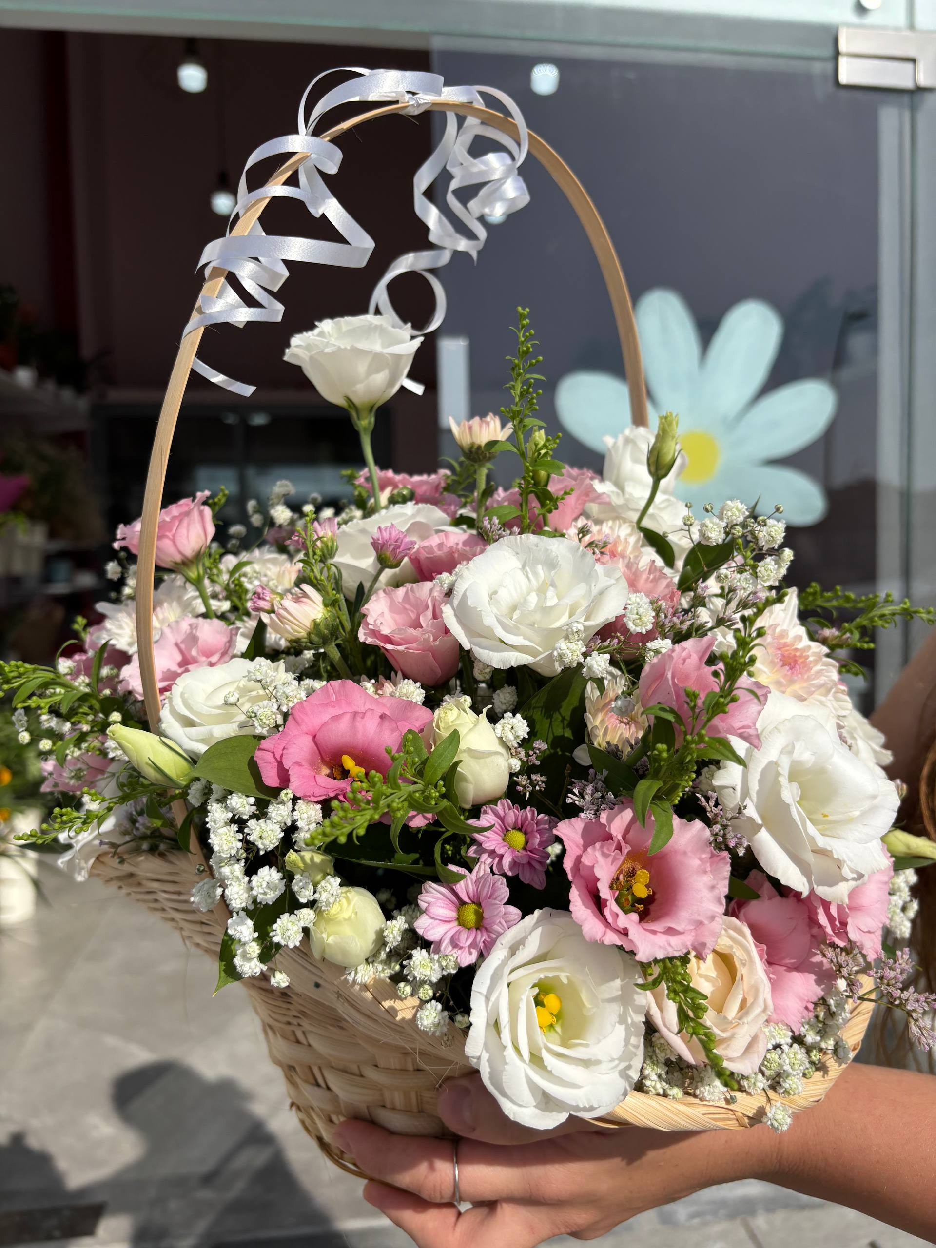 Pink Straw Flower Basket